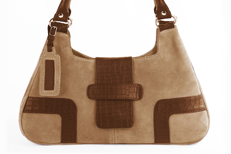 Dress handbag in tan beige and caramel brown leather - Profile view